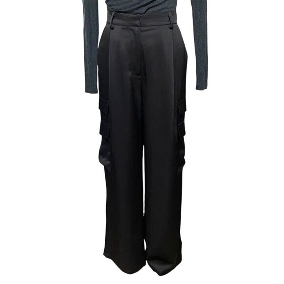 Shoe Dazzle Black Satin Wide Leg Baggy Cargo Pant Size Small - Picture 1 of 7